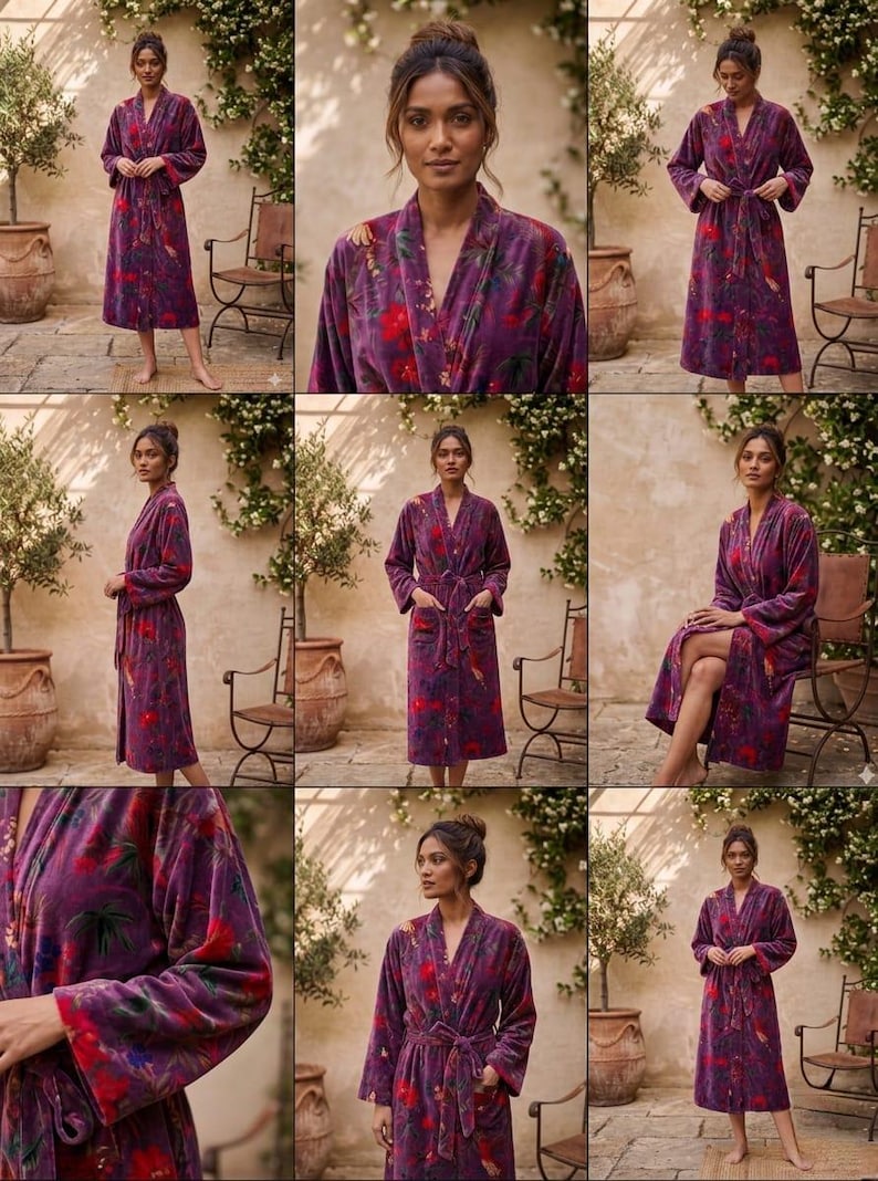 May include: A plush, purple robe with a floral pattern in red and green. The robe features a shawl collar, long sleeves, and a matching tie belt. The robe is knee-length and has pockets.