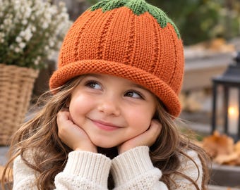 Molde em PDF para gorro de abóbora em tricô, gorro infantil para bebês e crianças pequenas, gorro de outono/Halloween fácil para iniciantes, aba enrolada, 0-8 anos, fio DK