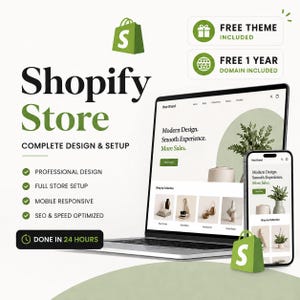 Op de afbeelding: Een laptop en smartphone tonen een website-ontwerp met de tekst "Shopify Store". De afbeelding bevat een groene boodschappentas met een "S"-logo en de tekst "Complete Design & Setup". Extra tekst is onder meer "Professional Design" en "Done in 24 Hours."