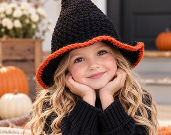 Molde de chapéu de bruxa de crochê em PDF, chapéu fácil para fantasia de Halloween para crianças, chapéu de crochê grosso para iniciantes, tamanhos para crianças e adolescentes de 3 a 14 anos.
