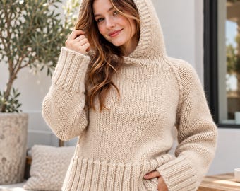 Molde em PDF para Suéter com Capuz em Tricô, Molde para Suéter com Capuz em Tricô Grosso, Suéter para Iniciantes, Suéter com Capuz Oversized, Tamanhos P-XXXL, Entrega Instantânea