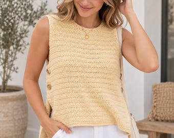 Molde de colete de crochê em PDF, molde de blusa de crochê para iniciantes, regata de verão sem mangas, colete com botões laterais, tamanhos grandes do PP ao GG, download instantâneo