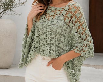Molde de poncho de crochê em PDF | Top boho de verão com renda floral para iniciantes | Download instantâneo | Tamanhos P a 3XG