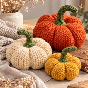 May include: Three handmade knitted pumpkins in orange, cream, and mustard yellow colours. Each pumpkin features a textured, ribbed knit pattern and a prominent, curved green stem attached to the top centre of the rounded, soft-sculpted body.