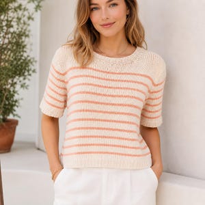 Randig tröja stickmönster PDF, kortärmad rund halsringning tröja uppifrån och ner, stickmönster för nybörjare, storlekar Xs-XXL, direkt nedladdning DK Yarn