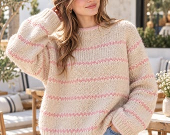 Modelo de suéter listrado em tricô, pulôver com pala de cima para baixo em PDF, suéter para iniciantes, suéter feminino oversized do PP ao 3XG, download instantâneo