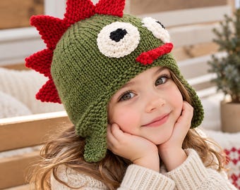 Molde de tricô em PDF para gorro de dinossauro, gorro de dragão monstro com protetores de orelha, gorro de inverno infantil, ideal para iniciantes, tamanhos de 3 a 12 anos, chá de bebê.
