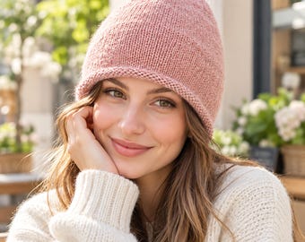 Molde de gorro de tricô em PDF, molde fácil para iniciantes, gorro folgado com aba enrolada, gorro de inverno em tricô circular, download instantâneo