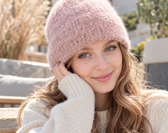 Molde de gorro de tricô em PDF, modelo para iniciantes, gorro de inverno com aba dobrada, fio grosso de alpaca, digital.
