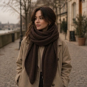 May include: A brown knitted scarf draped over a tan coat. The scarf is thick and textured, providing warmth. The coat has a classic design. The overall aesthetic is cozy and suitable for cooler weather. The background shows a city street.
