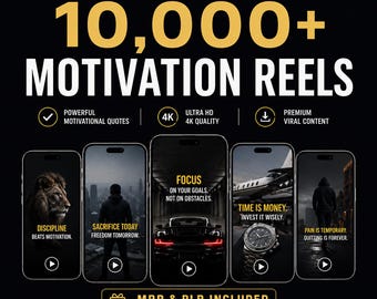 Pacote com mais de 10.000 vídeos motivacionais PLR/MRR, vídeos virais inspiradores para TikTok, Instagram e YouTube, ideais para marketing digital.