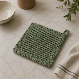 Può includere: Un sottopentola quadrato in maglia verde salvia con un anello per appenderlo. Il sottopentola presenta un motivo diagonale strutturato. Sullo sfondo un asciugamano a righe bianche e grigie, insieme a una ciotola di ceramica e un piccolo vaso marrone.