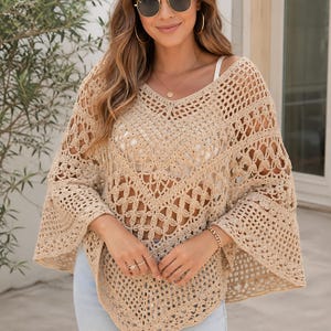 Patron de poncho au crochet PDF pour débutants, étape par étape, style bohème, paréo d'été, tailles S à XXL, téléchargement instantané.