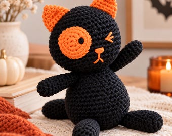 Padrão de crochê de gato preto, gato amigurumi em PDF, padrão de crochê de Halloween para iniciantes, padrão fácil de bichinho de pelúcia, download instantâneo