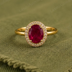 Anillo ovalado de rubí certificado, joyería de oro con halo, piedra natal de julio según la astrología