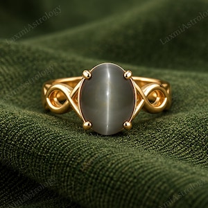 Puede incluir: Un anillo de oro con una piedra preciosa ovalada de color gris con efecto ojo de gato, sujeta por cuatro garras. La banda presenta un diseño de infinito a ambos lados del engaste. El texto LaxmiAstrology es visible al fondo.