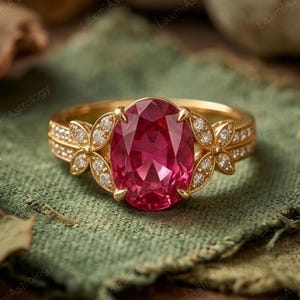 May include: A gold ring featuring a large, oval-cut, ruby-red gemstone. The ring has a floral design with small, clear accent stones. The band is also adorned with small, clear stones. The ring is set against a green fabric background.