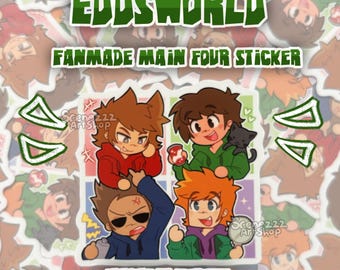 May include: A square sticker featuring four cartoon characters from Eddsworld. The top left character wears a red hoodie, the top right a green hoodie with a black cat, the bottom left a blue hoodie, and the bottom right a purple hoodie.