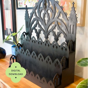 Estantería expositora con diseño de catedral gótica para puestos de mercado/expositores de venta al por menor/archivo vectorial para corte láser (descarga digital)