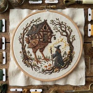 Baba Yaga Embroidery Kit - Witchy Forest Hut Folklore DIY Craft Gift - Whimsical Dark Cottagecore Art Relaxing Hobby