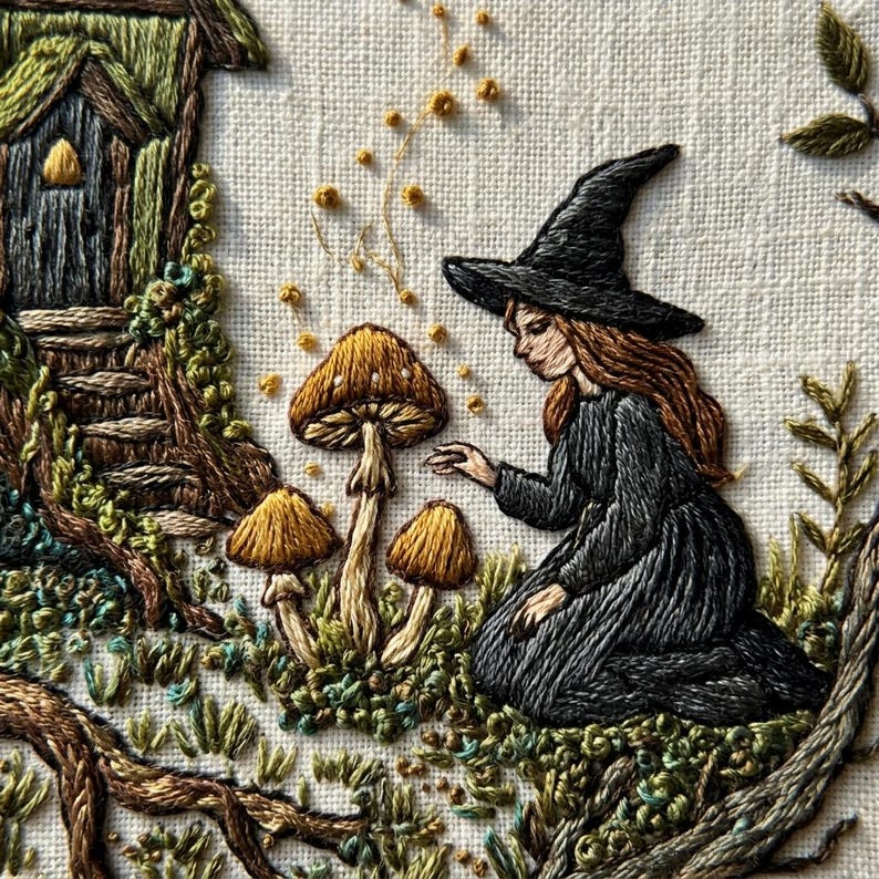 May include: Embroidered artwork featuring a witch in a black dress and hat, kneeling near three mushrooms. The scene includes a small wooden house, foliage, and golden sparkles, all rendered in detailed threadwork on a cream-colored background.