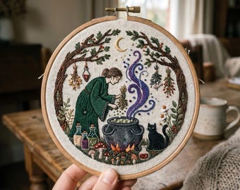Witch Embroidery Kit - Forest Alchemist Brewing Potion - Witchcore Decor - DIY Craft Gift - Mindful Hobby