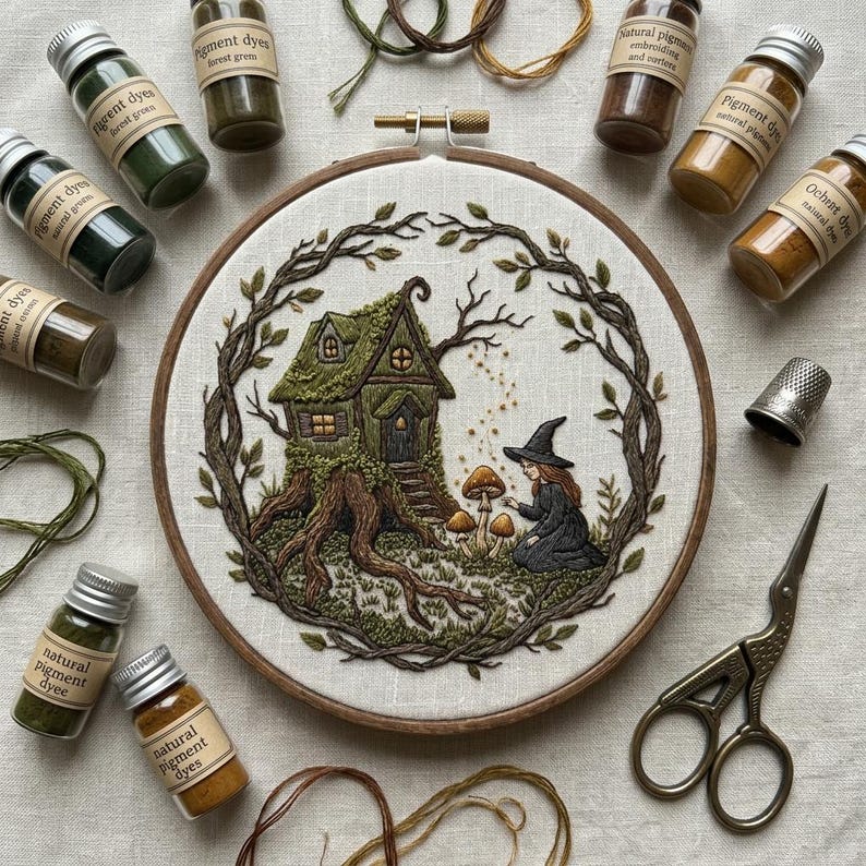 May include: An embroidered hoop art piece featuring a whimsical forest scene with a witch, mushrooms, and a treehouse. The artwork is surrounded by a wooden frame, with jars of pigment dyes and embroidery tools arranged around it.