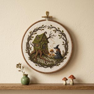 May include: Embroidered artwork in a wooden hoop features a whimsical scene of a small green house nestled in a tree trunk, surrounded by a leafy frame. A figure in a witch hat kneels near mushrooms. A small green vase and two mushroom figurines sit on a wooden shelf.