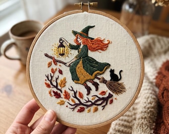 Witch Embroidery Kit - Flying Witch with Black Cat Autumn DIY Craft Gift - Whimsical Halloween Hoop Art - Relaxing Creative Project