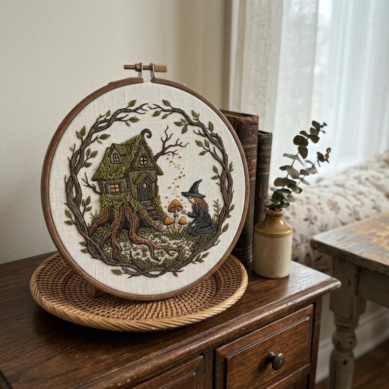 May include: An embroidered artwork in a wooden hoop depicts a whimsical scene. A small house with a moss-covered roof sits atop a tree trunk, surrounded by a leafy frame. A figure in a witch's hat kneels near mushrooms.