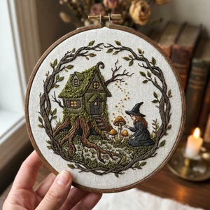 May include: Embroidered artwork in a wooden hoop. The design features a whimsical scene with a small house built into a tree, a witch, and mushrooms. The color palette includes greens, browns, and creams, creating a detailed, textured piece.