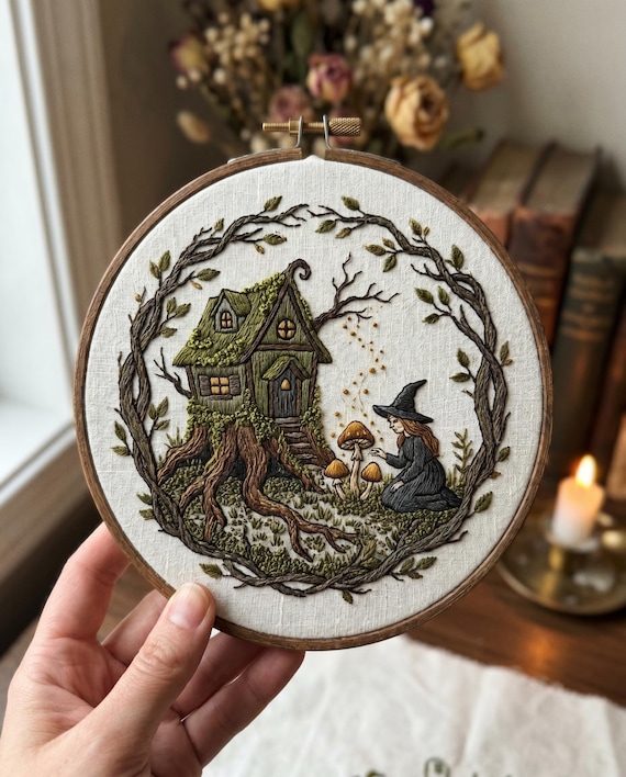 Witchy Embroidery Kit - Forest Cottage and Mushroom DIY Craft - Cottagecore Woodland Decor Gift for Her - Relaxing Mindful Hobby