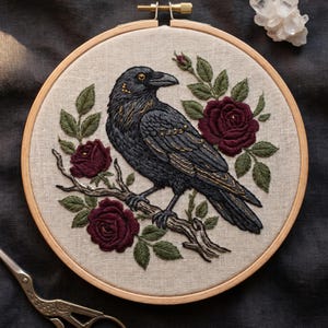 May include: Embroidered raven on a branch with burgundy roses and green leaves, in a wooden hoop. The raven is black with gold detailing. A decorative piece for home decor, ideal for a gothic aesthetic.