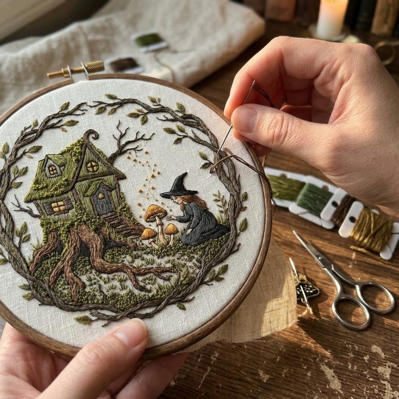 May include: A detailed embroidery hoop featuring a whimsical scene of a witch's cottage nestled in a forest. The design includes a witch, mushrooms, and intricate tree branches, all stitched with various shades of green, brown, and beige thread. The embroidery is set in a wooden hoop.