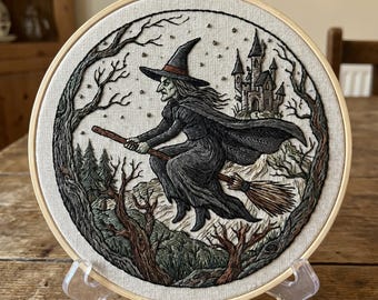 Flying Witch Embroidery Kit – Gothic Castle Scene, Beginner Needlework Project
