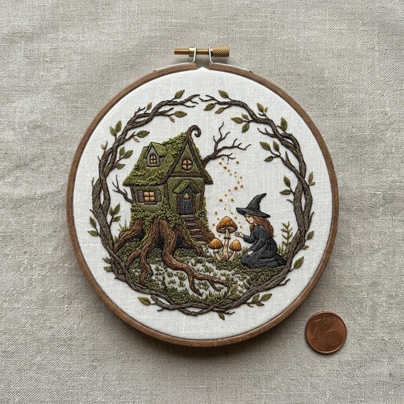 May include: Embroidered artwork in a wooden hoop. The design features a whimsical witch's cottage nestled in a tree, surrounded by a leafy frame. A witch kneels near mushrooms, with magical sparkles. The artwork is approximately 5 inches in diameter.