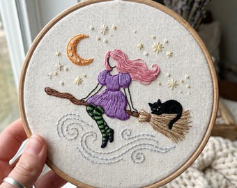 Witch Embroidery Kit - Flying Witch and Black Cat Halloween Hoop Art - Whimsical DIY Craft Gift for Her - Relaxing Mindful Hobby