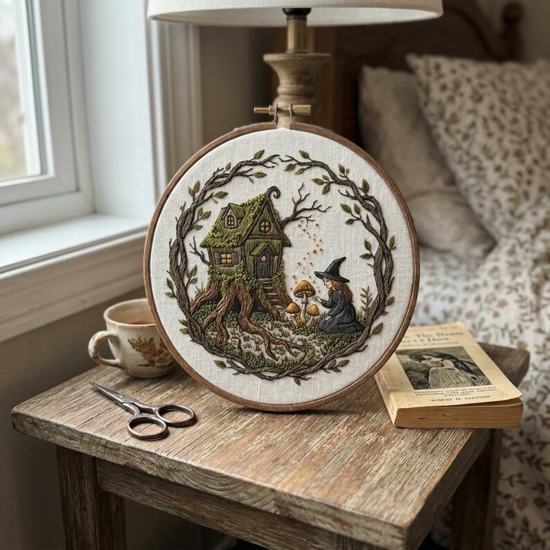 May include: A detailed embroidery hoop art piece featuring a whimsical scene. A small, moss-covered house built into a tree trunk is surrounded by a leafy frame. A witch in a black hat sits near mushrooms. The artwork is displayed on a wooden table.