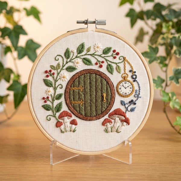Kit de Bordado Porta Hobbit - Arte em Bastidor Estilo Cottagecore Fantástico - Presente para Amantes de Livros - Projeto de Artesanato Relaxante