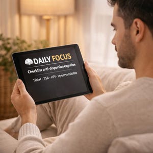 May include: A person holding a black tablet displaying the words "DAILY FOCUS" in white text. The tablet also shows the text "Checklist anti-dispersion cognitive" and other related terms. The person is wearing a light-colored sweater.
