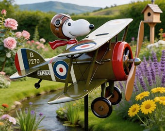 Flying Ace Dog Biplane Metal Windmill, Whimsical Dynamic Garden Art for Lawn & Patio, Vintage Dog Pilot Yard Decor, Unique Outdoor Gift