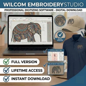 Puede incluir: Un portátil muestra un diseño de bordado de elefante, con un diseño a juego en una gorra de béisbol y un polo azul marino. La imagen promociona el software Wilcom Embroidery Studio, destacando funciones como la digitalización automática y el editor de puntadas.