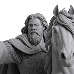 May include: A grayscale sculpture of a man with a long beard and flowing hair, wearing a cape and armor, riding a horse. The sculpture is highly detailed, with a focus on the man's stern expression and the horse's head.