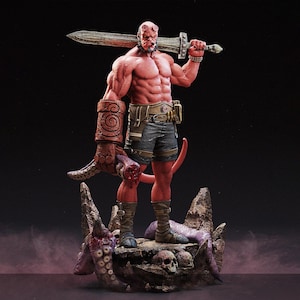 Estatua STL de Hellboy (fanart) / Escala 1/6 / Espada sobre base de diorama de tentáculos / Descarga del modelo para impresión 3D (archivo STL)