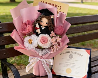 Graduation Crochet Bouquet, Amigurumi Flower with Custom Doll, Class of 2026 Keepsake Gift, Handmade Forever Flowers, Gift for Her