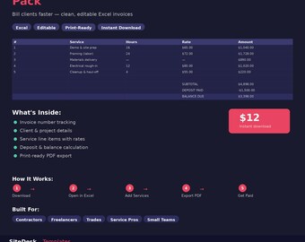Invoice Template Excel Google Sheets Contractor Invoice Editable Billing Form Small Business Spreadsheet