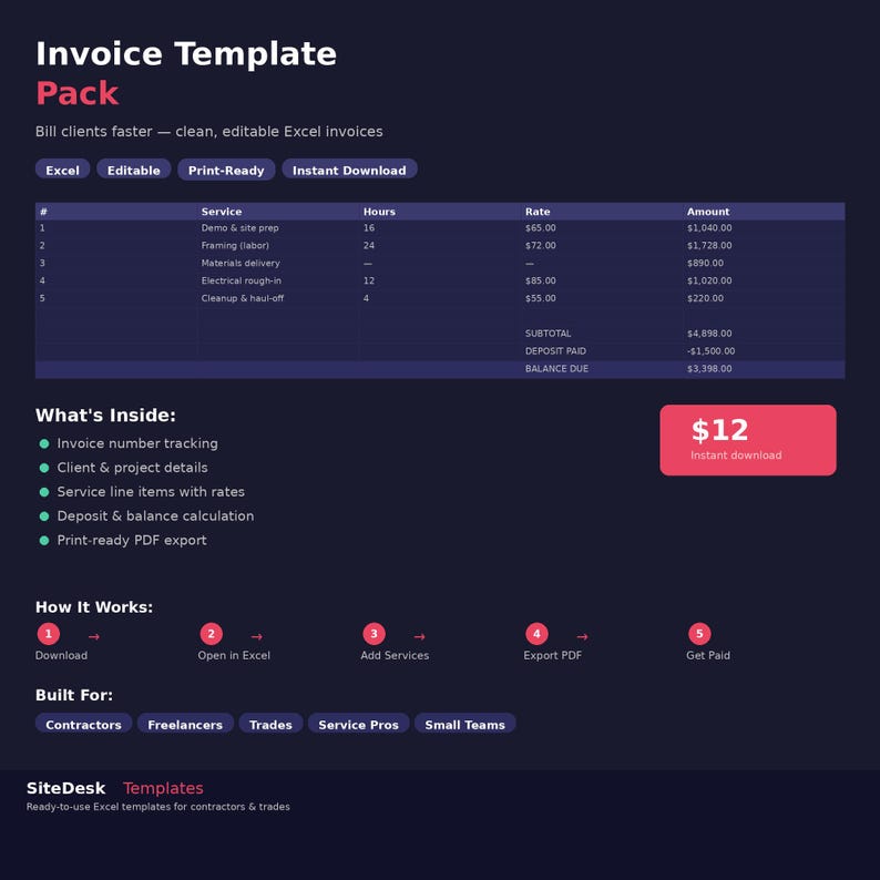 Invoice Template Excel Google Sheets Contractor Invoice Editable Billing Form Small Business Spreadsheet image 1