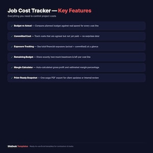 Puede incluir: Un gr&aacute;fico azul oscuro con el t&iacute;tulo "Job Cost Tracker - Key Features" en texto blanco y rojo. La imagen enumera las caracter&iacute;sticas clave, incluido el seguimiento del presupuesto, los costos comprometidos, el seguimiento de la exposici&oacute;n, el presupuesto restante, la calculadora de m&aacute;rgenes y la instant&aacute;nea lista para imprimir.