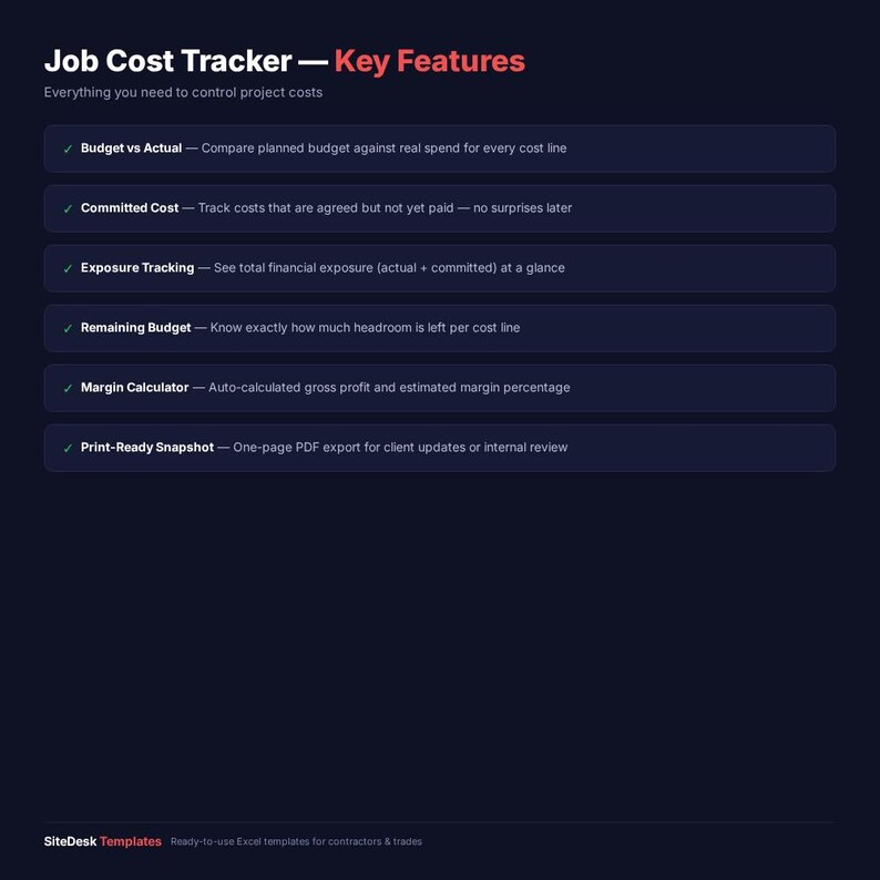 Puede incluir: Un gr&aacute;fico azul oscuro con el t&iacute;tulo "Job Cost Tracker - Key Features" en texto blanco y rojo. La imagen enumera las caracter&iacute;sticas clave, incluido el seguimiento del presupuesto, los costos comprometidos, el seguimiento de la exposici&oacute;n, el presupuesto restante, la calculadora de m&aacute;rgenes y la instant&aacute;nea lista para imprimir.