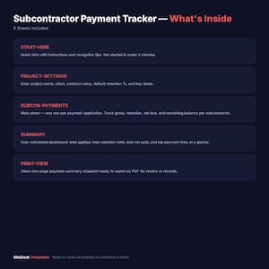 Subcontractor Payment Tracker Excel Google Sheets Retention Pay Application Log Contractor Editable Spreadsheet image 2
